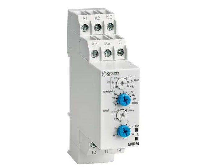 84870210, Liquid Level Control Relay, 240VAC or 24VAC/DC Aux Supply 8 Amp changeover/SPDT, 2 Level Control, with time delay adjustments, ENRM 24-240VUC