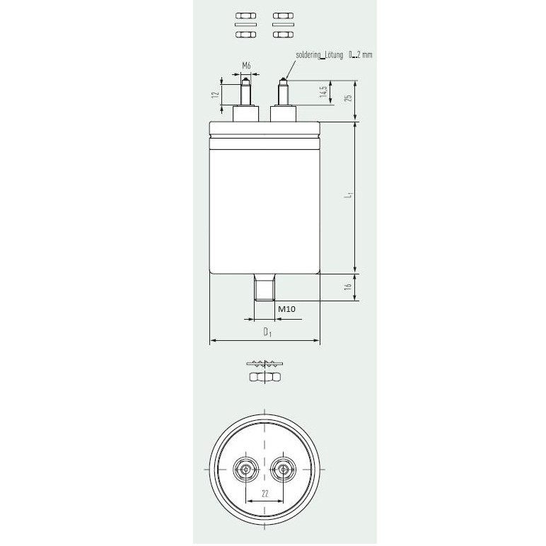 E62.R17-184C20, 180uF, Heavy Duty AC Film Capacitor ø116 x 176mm, M6x12 terminals with Bushing. C2 Design, 1400VDC/850VAC