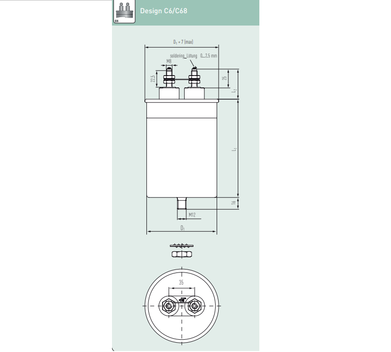 E62.P17-133C60, 13uF, Heavy Duty AC Film Capacitor ø101 x 176mm, M6x12 terminals with Bushing. C6 Design, 2100VAC/3600VDC