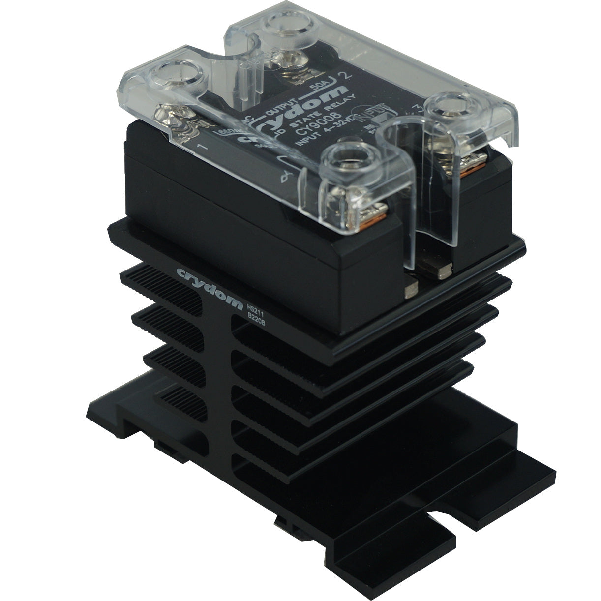 HS211 + CY9008, Panel or slide on Din Rail Solid State Relay, 3-32VDC Control Input, 48-660VAC Output, 25 Amps