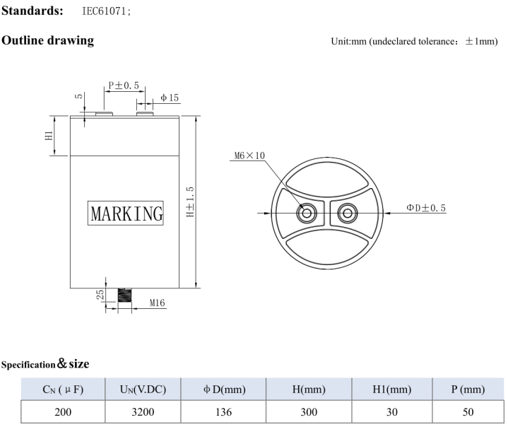 DMJ-MC 200uF, 3200VDC 136x300, DC Link, 80Amp, H:335mm x D:236mm, M16 Mounting Stud, M6 Terminals