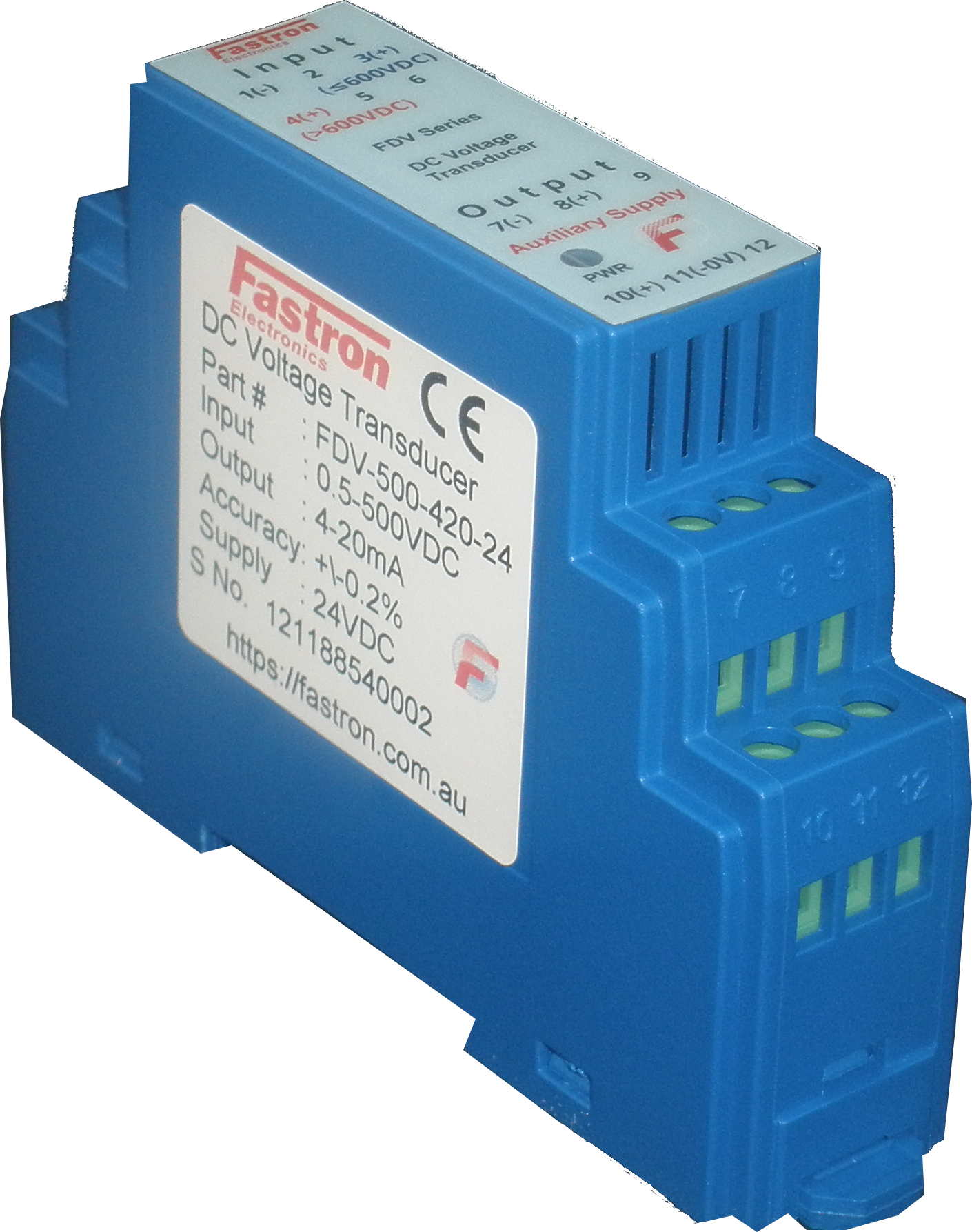 FDV-100-420-24, DC Voltage Transducer, Din Rail Mount, 0-100VDC, 4-20mA output, 24VDC Supply Voltage, 150mS Response
