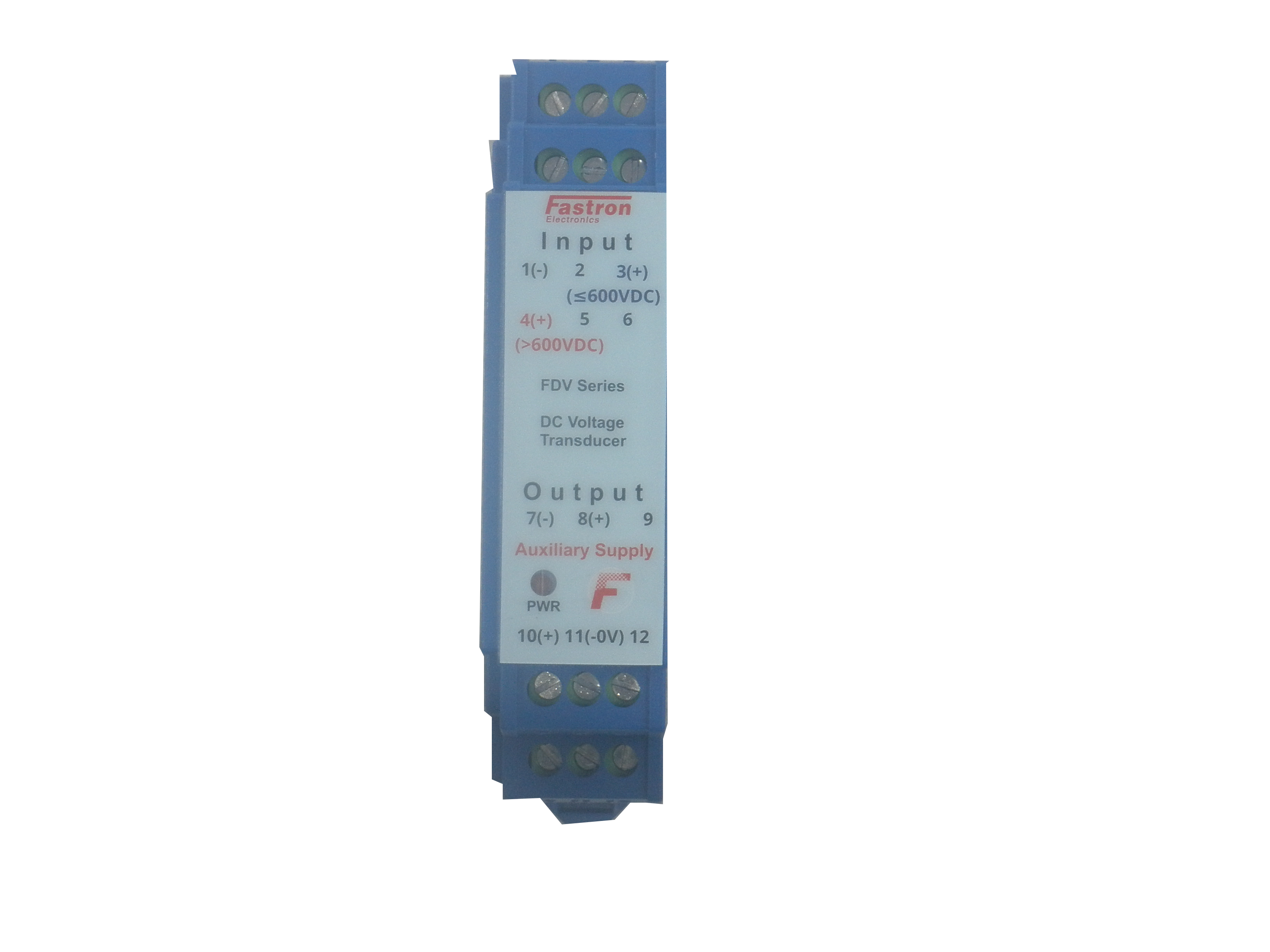 FDV-100-420-24, DC Voltage Transducer, Din Rail Mount, 0-100VDC, 4-20mA output, 24VDC Supply Voltage, 150mS Response