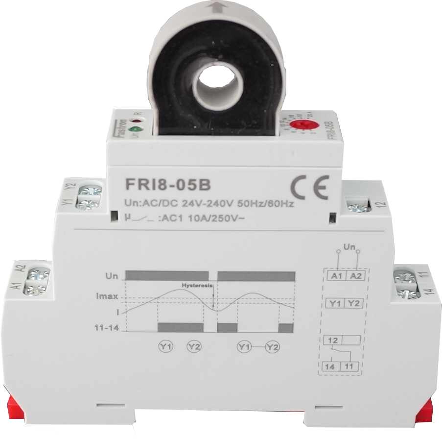 FRI8-06/A, Current Monitoring Relay & Timer AC 2-20 Amp, Adjustable Measurement and Timing Range, 8mm Aperture, Universal 24-240VAC 24VDC, 2 x SPDT 8 Amp CO Relays