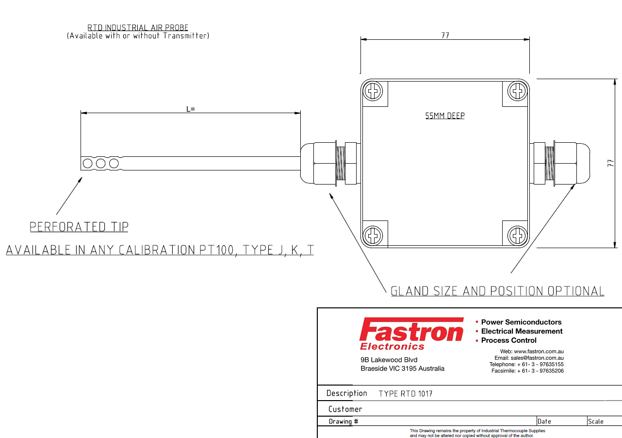 FRTD-PT100-50, Pt100 Air Temperature Sensor, 50mm shaft length, 77 x 77 x 55mm Body