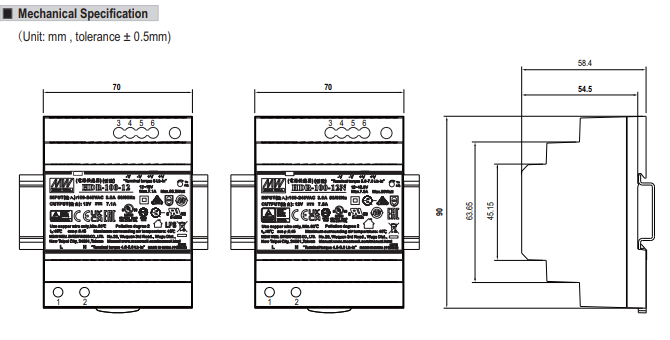 HDR-100-24N, High Efficiency Universal Din Rail Mount Power Supply, 85-264VAC or 120-390VDC input, 24VDC @ 3.83Amp output, 89% Efficiency