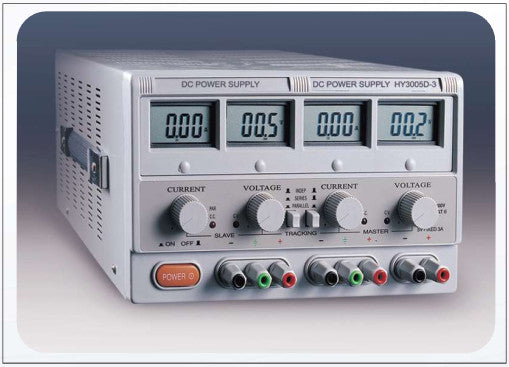 HY3005D-3, Laboratory Linear Power Supply 3 Channel, 2 x 0-30VAC @ 5Amp, 1 x 5V @ 3 Amp Fixed Channel 230VAC Supply