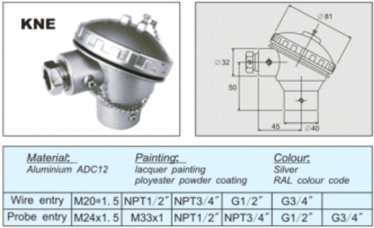 Pt100 Class A RTD Class A, or Class B with Transmitter, Various Probe Lengths and Diameter w/ LARGE Terminal Head, -50 to 500 Deg C, KNE(wire entry:M20x1.5, probe entry: G1/2'')