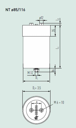 E50.R23-225NT1 2190uF 900VDC, DC Link, 90Amp, H:230mm x D:116mm, M12 Mounting Stud, M6 Terminals