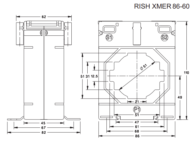Rish Xmer 86-60 (45) 1200/5 Class 1, 30VA ⌀ 51mm or 61 x 12mm Busbar