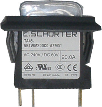 4430.4007 TA45-ABTWM200C0-AZM01, 2 Pole Rocker Switch, Non Latched, 20 AMP, 240VAC, 1 Pole Thermal Overload Protection, Faston Connection, No Illumination, Collar with Cover Narrow IP54
