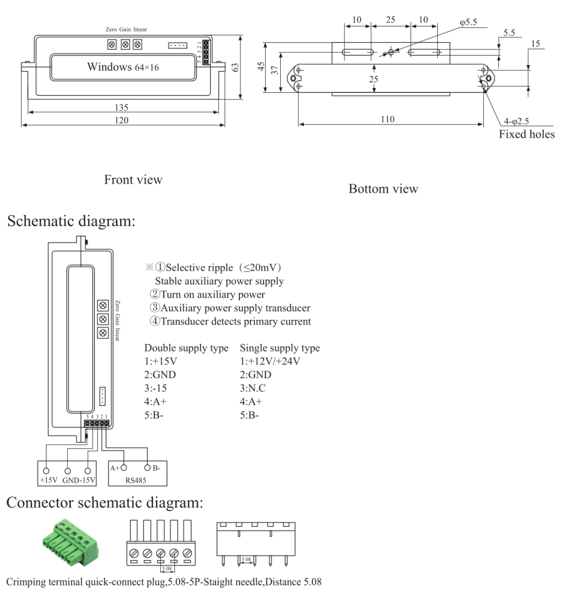THST6416D-24-1500-RS485, Split Core Bipolar Hall Effect DC Current Transducer, +/-1500 Amp DC, RS485 Modbus RTU output, 64x16mm aperture, 24VDC supply