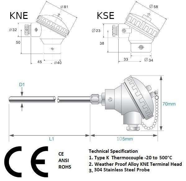 Pt100 Class A RTD Class A, or Class B with Transmitter, Various Probe Lengths and Diameter w/ LARGE Terminal Head, -50 to 500 Deg C, KNE(wire entry:M20x1.5, probe entry: G1/2'')