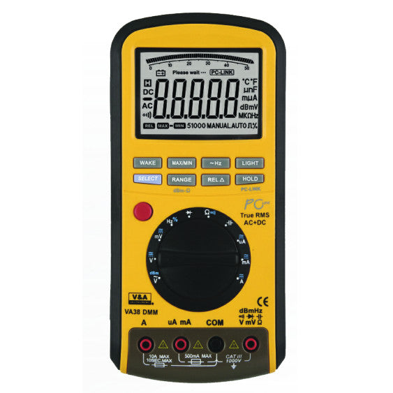 VA38, High Accuracy Multimeter (Wide Range), True RMS 500uA-10 Amp +/-1.5%, Voltage 50mV - 1000V AC/DC (+/-0.8/0.2%), 500-5MOhm, 50nF-5000uF, 5Hz - 200kHz/2MHz, 5%-95% Duty, -50 to 1000 Deg C, USB/ Infra Red Interface, Free software, Carry Case