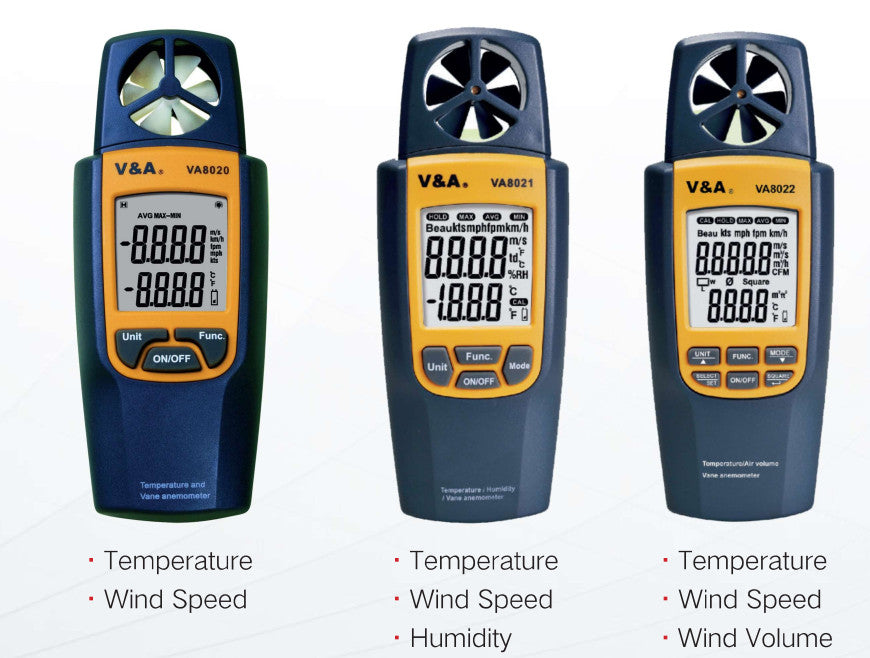 VA8021, Wind Speed (Vane Anemometer) & Temperature & Humidity Tester. Range 0.4-20m/s, 80-4000 fpm, Temperature -10 to 50 Deg C