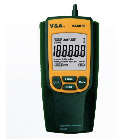 VA8070, Absolute Pressure Meter. pQA,hpa,mmH20,mmHg,inHG,inH20,psi, Range 300...1,200 hpa, 120.4...481.8 inH20, Accuracy +/-3.0hpa,+/-1.2inH20 (18-28 Deg C, RH less than 80%)