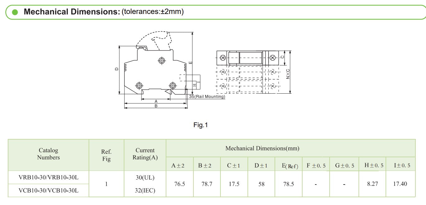 VCB10-30 2P 1000V, DIN Rail Mount Fuse Holder Two Pole for 10.3 x 38mm, 1000VDC Solar gPV Fuse