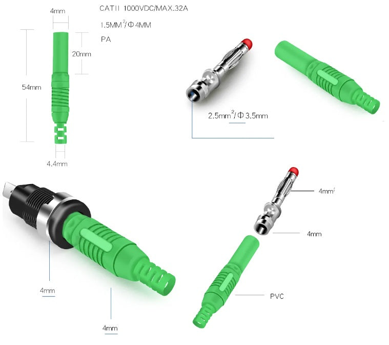 SSP-BLUE-4mm (2pcs), Blue 4mm Fully Sheathed Safety/Banana Plugs, 32 Amp, 1000V Rated. For Test Equipment/Leads (Current Clamps)