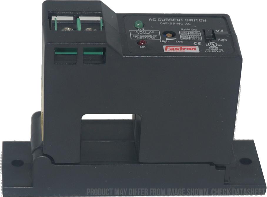 16F-SP-NO-AL, Split Core AC Current Switch, Multirange 1-10A, 10-50A, 50-200Amp, Self Powered, 10% Accuracy, Average RMS Current Sensing, Normally Open Contacts, 0.3Amp @ 135VAC/DC Adjustable Trip