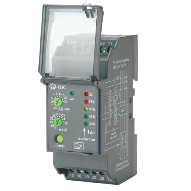 17G715GF2, Earth Leakage Relay 30mA to 30 Amp Range, 100-240VAC Supply, Din Rail Mount, 1 x SPDT, 1 x SPNO Relay