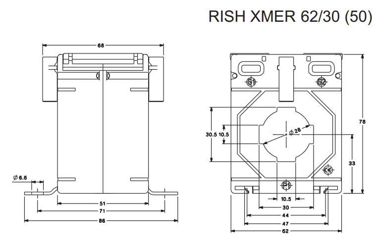 CT 200/5 Class 0.5 10VA 62/30 (50), Current Transformer 200/5Amp CT, Class 0.5, 28mm Aperture or 10x30mm Busbar