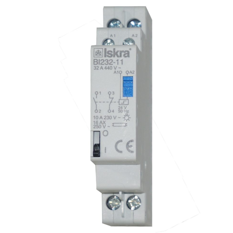 BI232-11-24VAC, Two Pole 1 x NO SPST, 1 x NC SPST, 230VAC @ 32 Amp (Resistive), 24VDC @ 32 Amp Bistable Switch/Latching Relay with Manual Control, with 24VAC Coil Voltage
