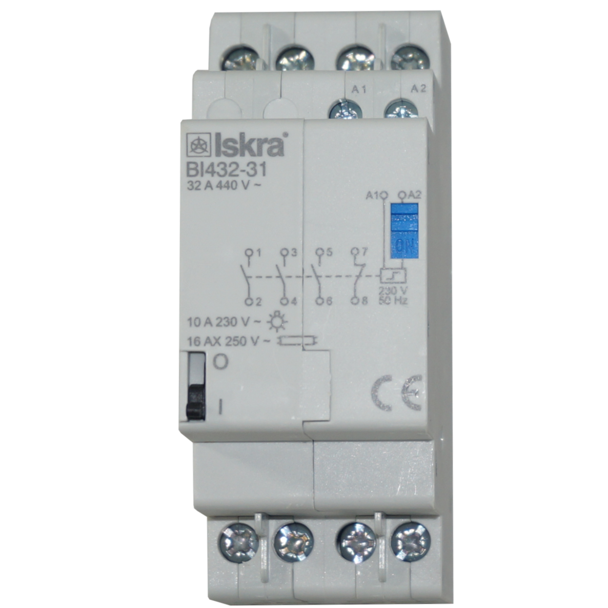 BI432-31-230VAC, Four Pole 3 x SPST NO 1 x SPST NC Bistable Switch/Latching Relay with Manual Control, 440VAC, 32 Amp 230VAC Coil Voltage (Resistive)