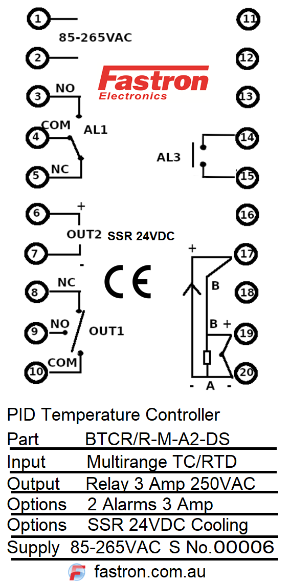 BTCR/R-M-A2-DS, PID Controller 48x96mm, 15-50VDC, Relay Output 2 Alarms, SSR Cooling, Multirange TC/RTD/4-20mA Input
