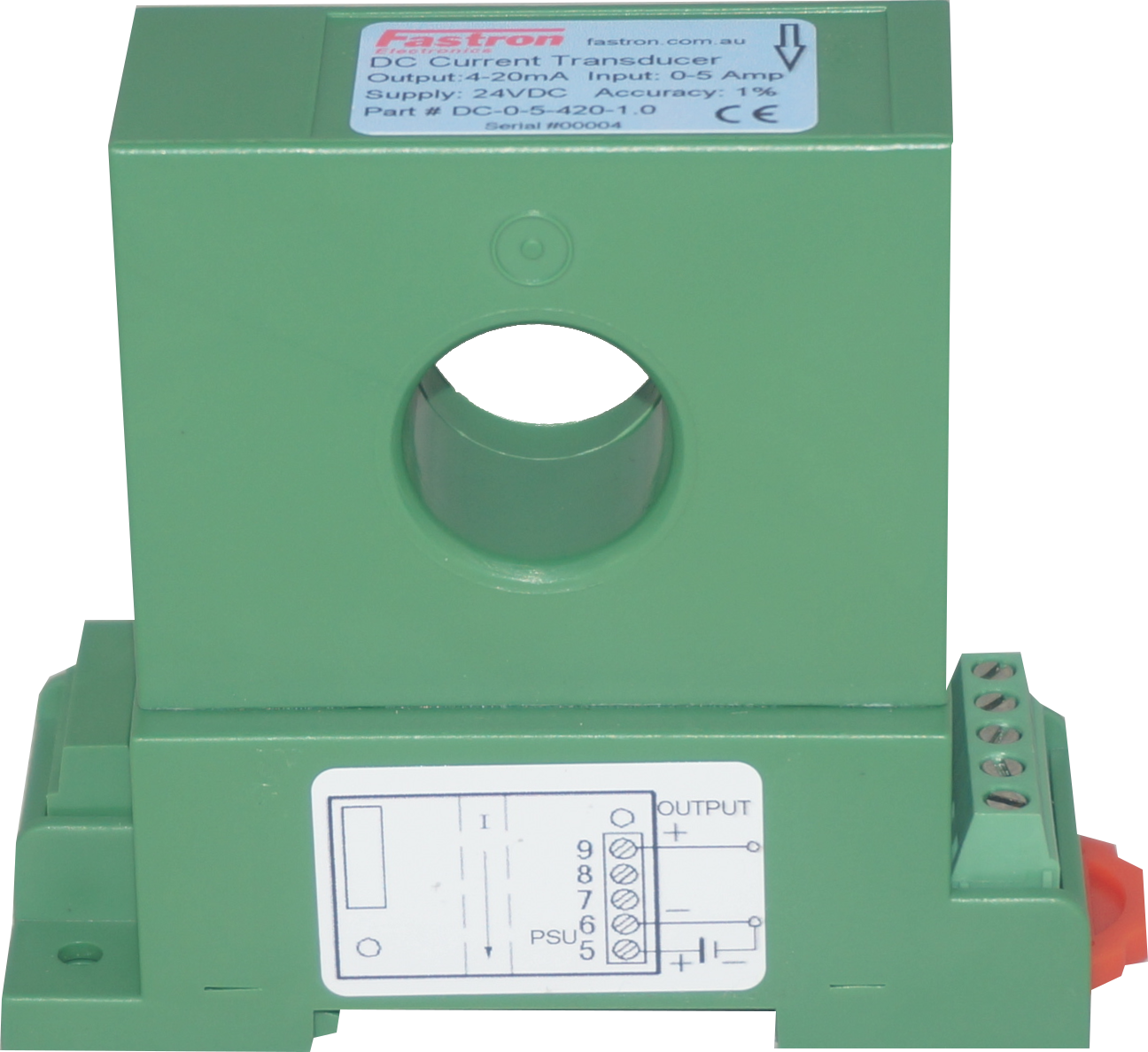 DC-0-10-010-1.0, Hall Effect DC Current Transducer, 0-10 Amp DC, 0-10V Bipolar output, 24VDC supply