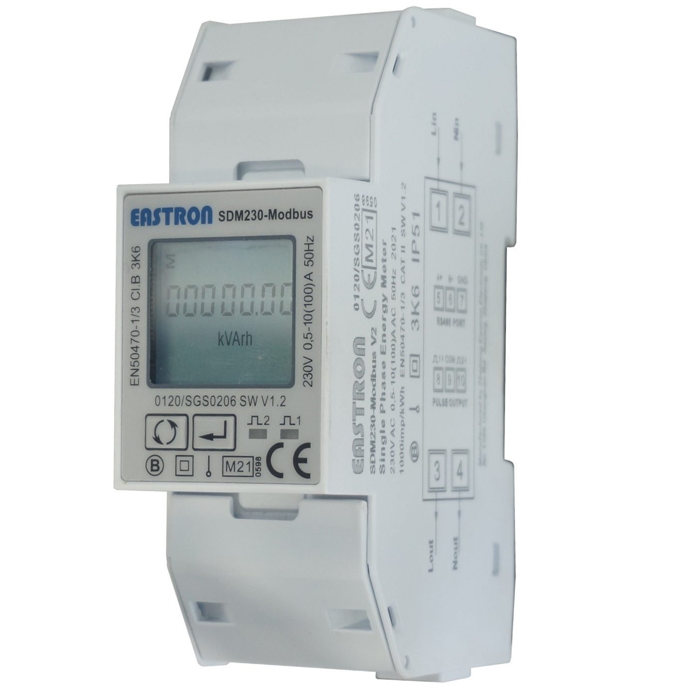 SDM230Modbus-MID-V2 (SLX), DIN Rail Mount kWh Meter, Single Phase, 240VAC aux, Class 1, 100Amp Direct Connect, w/ 2 x pulse outputs and RS485 Modbus RTU Comms, MID Approved