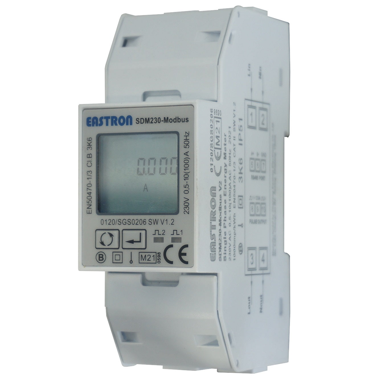 SDM230Modbus-MID-V2 (SLX), DIN Rail Mount kWh Meter, Single Phase, 240VAC aux, Class 1, 100Amp Direct Connect, w/ 2 x pulse outputs and RS485 Modbus RTU Comms, MID Approved
