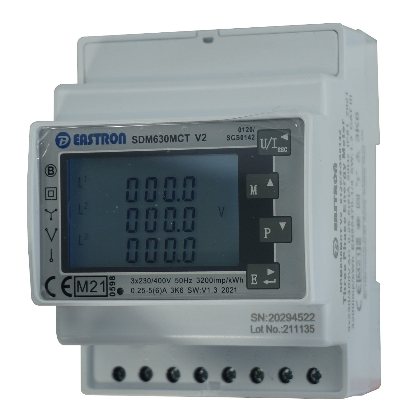 SDM630MCT-MODBUS-MID-CL1 V2, DIN Rail Mount kWh Meter, 3 Phase, 240VAC aux, Class 1, 1/5 Amp CT Connect, w/ 2 x pulse outputs and RS485 Modbus RTU Comms