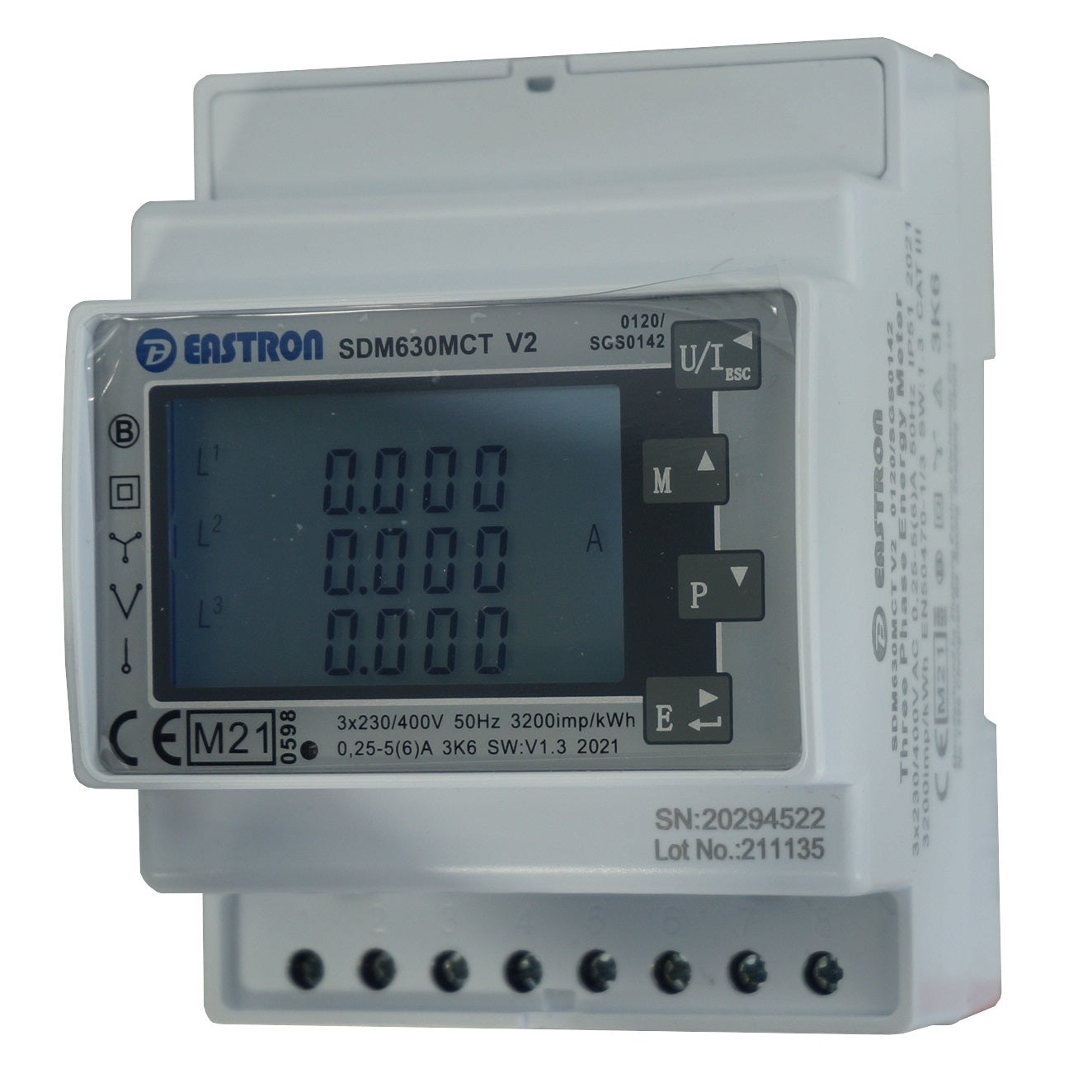 SDM630MCT-MODBUS-MID-CL1 V2, DIN Rail Mount kWh Meter, 3 Phase, 240VAC aux, Class 1, 1/5 Amp CT Connect, w/ 2 x pulse outputs and RS485 Modbus RTU Comms