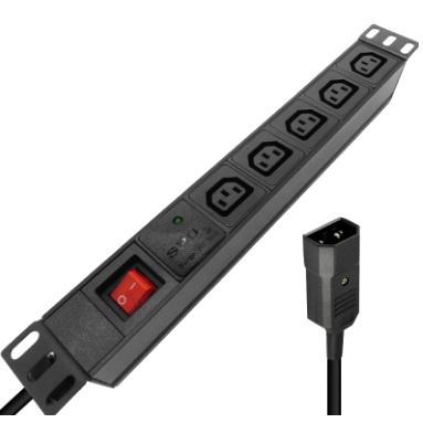 DSTO-C14-5F-N-1.8M-O-R, Power Distribution Unit (PDU) with IEC Inlet C14 via 1.8M Cable, to 5 x F/C13 Outlet, 240VAC @ 10 Amp with Rocker Switch, Rack Mounted, with Overload Protection, MOQ = 10pcs, Metal Construction
