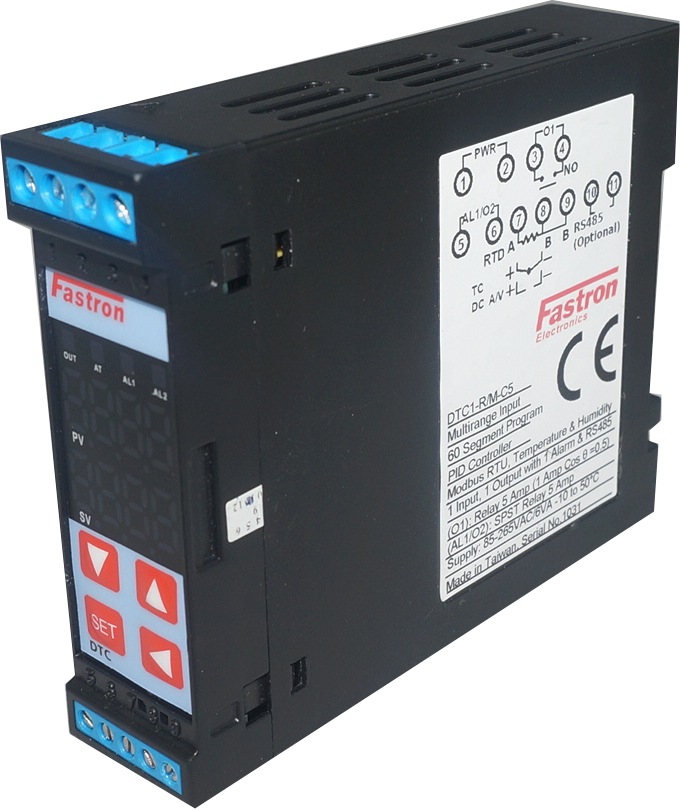 DTC1-S/M-24V-C5, DIN Rail Mount Temperature/Humidity Controller, Multirange Thermocouple Input, 24VAC/DC, 12VDC SSR Output, RS485 Modbus RTU