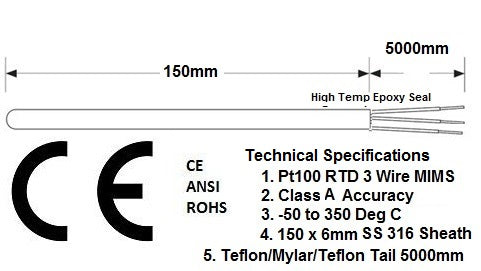 FRTD-6-150-5000-ES, RTD, Class A 150 x 6mm Probe, 316 Stainless Steel, Bare High Temp Epoxy Seal, w/ 5000mm Teflon/Screen/Teflon, -50 to 200 Deg C