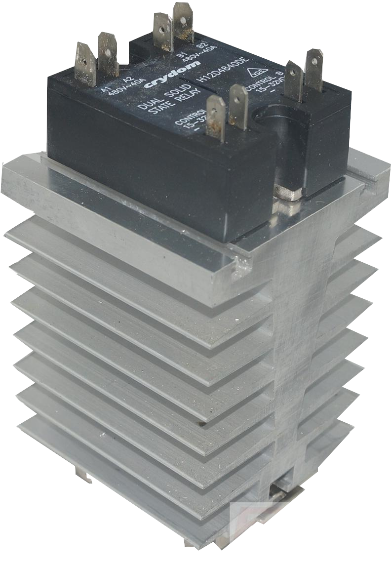 GFIN/100M-DR + H12D4840DE, Din Rail Mount Solid State Relay with Heatsink, 4-32VDC Control Input, LED Status Indicator, 1200V Transient withstand, 48-530VAC Output, 2 x 24 Amps @ 40 Deg C ambient, Faston Terminals