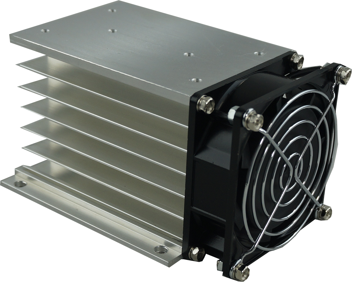HS212F, Fan Cooled Heatsink 110mm, Milled, Drilled and Tapped for 3 Phase & Single Phase SSR, 0.35°C/W, 36 Amp per phase @ 40 Deg C for 3 Phase SSR