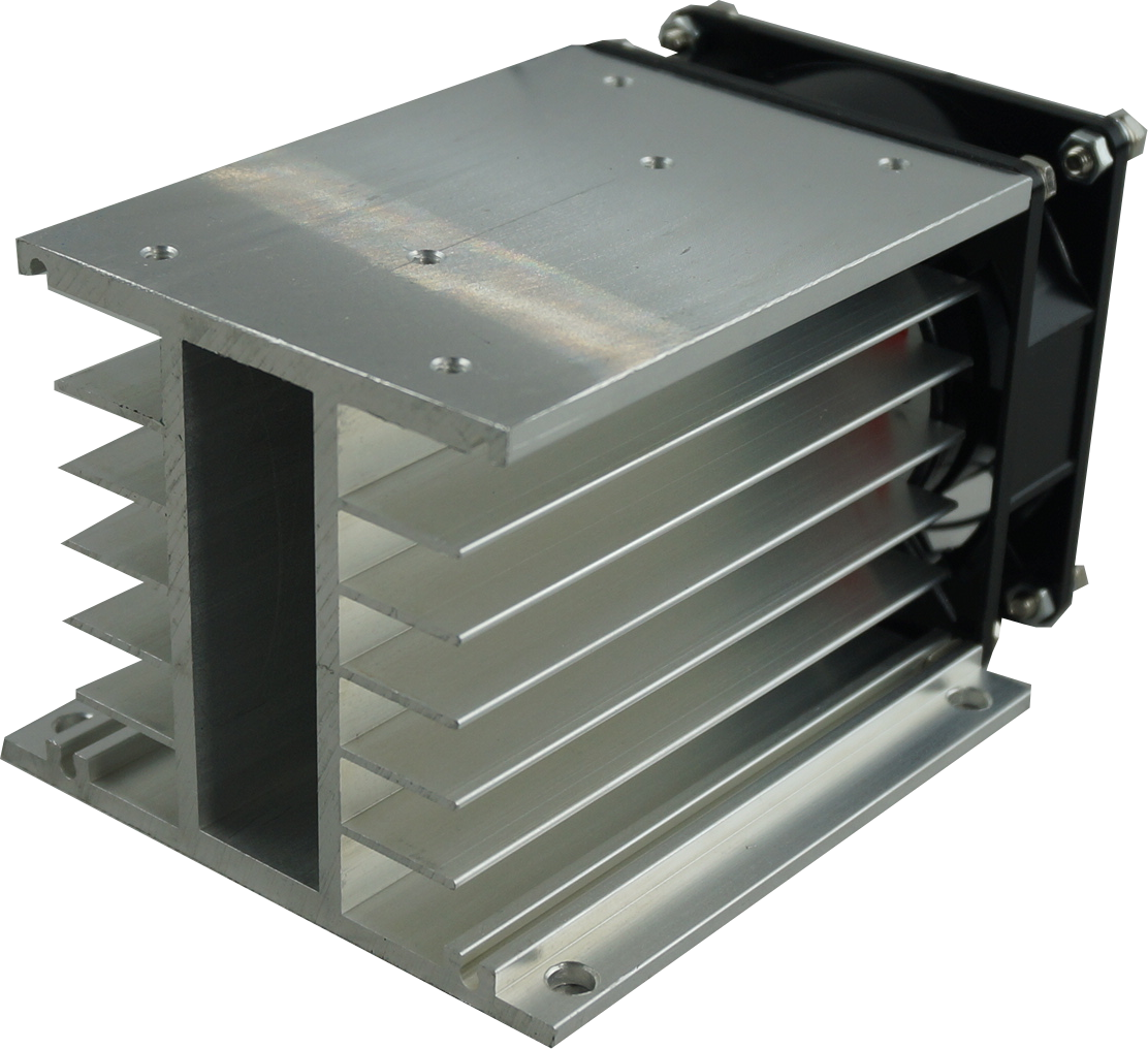 HS212F, Fan Cooled Heatsink 110mm, Milled, Drilled and Tapped for 3 Phase & Single Phase SSR, 0.35°C/W, 36 Amp per phase @ 40 Deg C for 3 Phase SSR