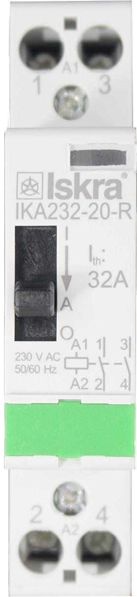 IKA232-20-R-230VAC, Iskra Two Pole 2 x SPST NO Modular Contactor 240VAC 32 Amp, 230VAC Control Voltage, with Manual Overide