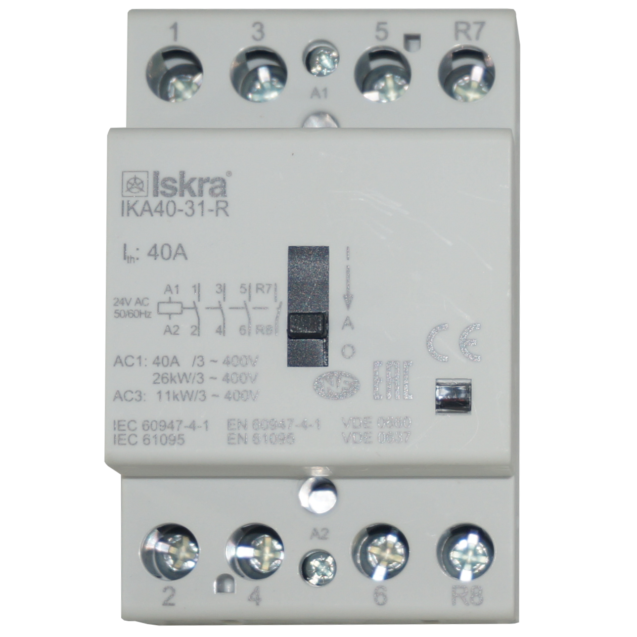 IKA40-31-R-24VAC, 4 Pole 1 x SPST NC, 3 x SPST NO Modular Contactor 440VAC 40 Amp, 24VAC/DC Control Voltage, with Manual Overide