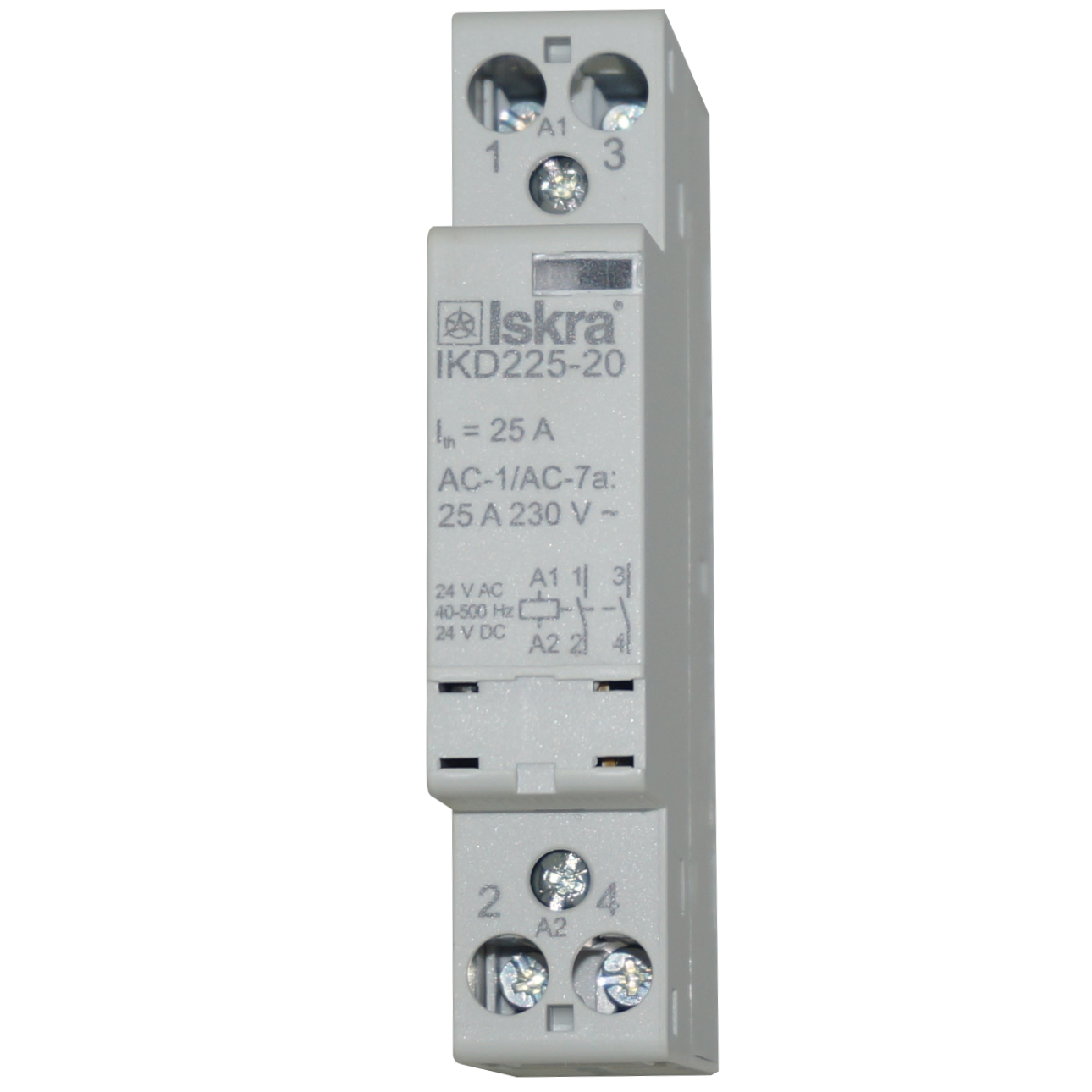 IKD225-20-24VAC/DC, Two Pole 2 x NO Modular Contactor 240VAC 25 Amp, 24VAC/DC Control Voltage, 40-500Hz, Hum Free with Manual Overide