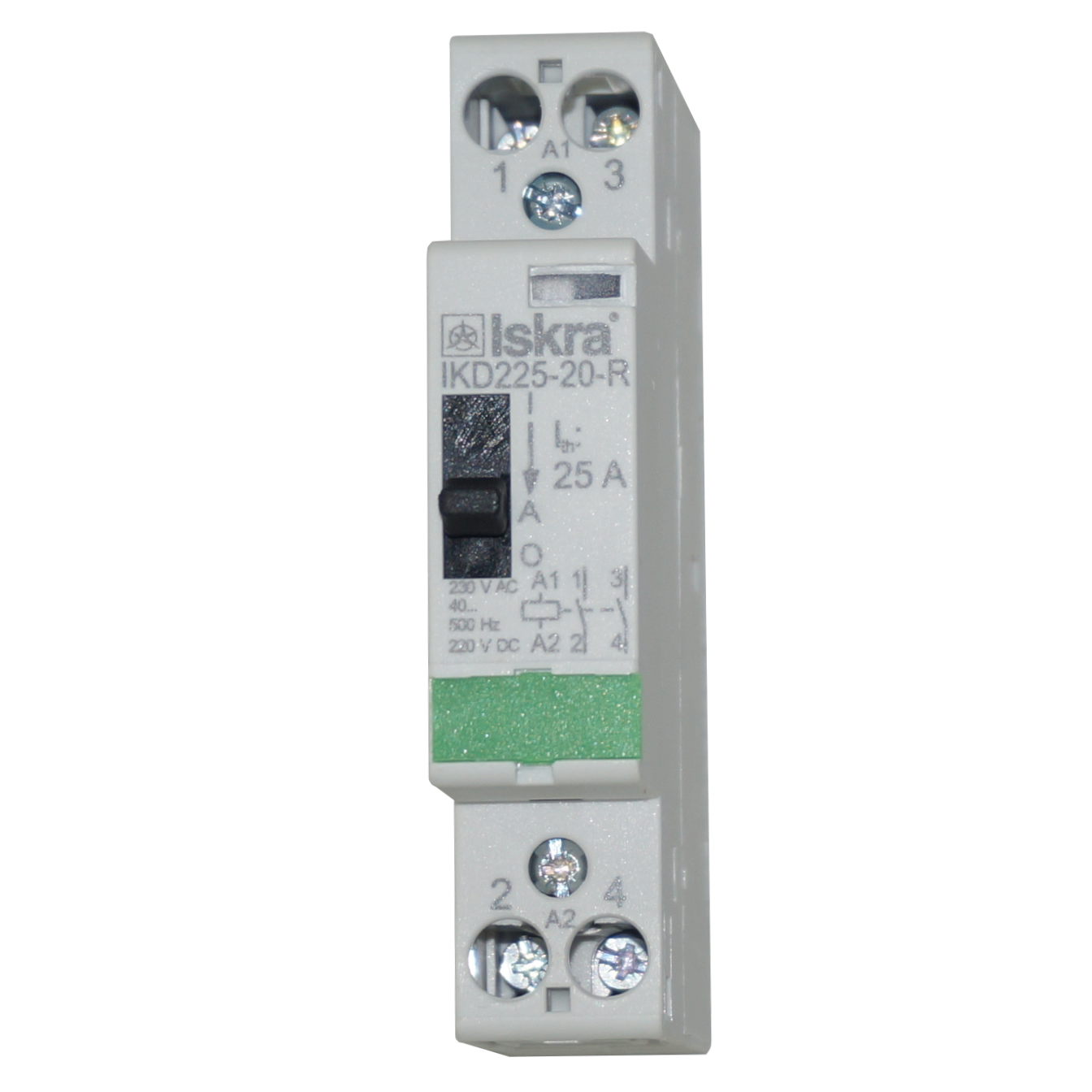 IKD225-20-R-230VAC, Two Pole 2 x NO Modular Contactor 240VAC 25 Amp, 230VAC 40-500Hz Control Voltage, Hum Free with Manual Override