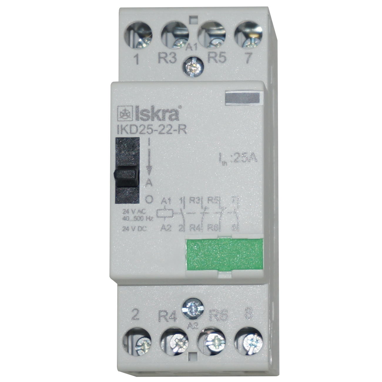 IKD25-22-R-24VAC/DC, 4 Pole 2 x SPST NO, 2 x SPST NC, Modular Contactor 440VAC 25 Amp, 24VAC/DC 40-500Hz Control Voltage, Hum Free with Manual Override