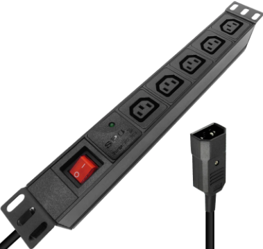 DSTO-C14-5F-N-1.8M-O-R, Power Distribution Unit (PDU) with IEC Inlet C14 via 1.8M Cable, to 5 x F/C13 Outlet, 240VAC @ 10 Amp with Rocker Switch, Rack Mounted, with Overload Protection, MOQ = 10pcs, Metal Construction