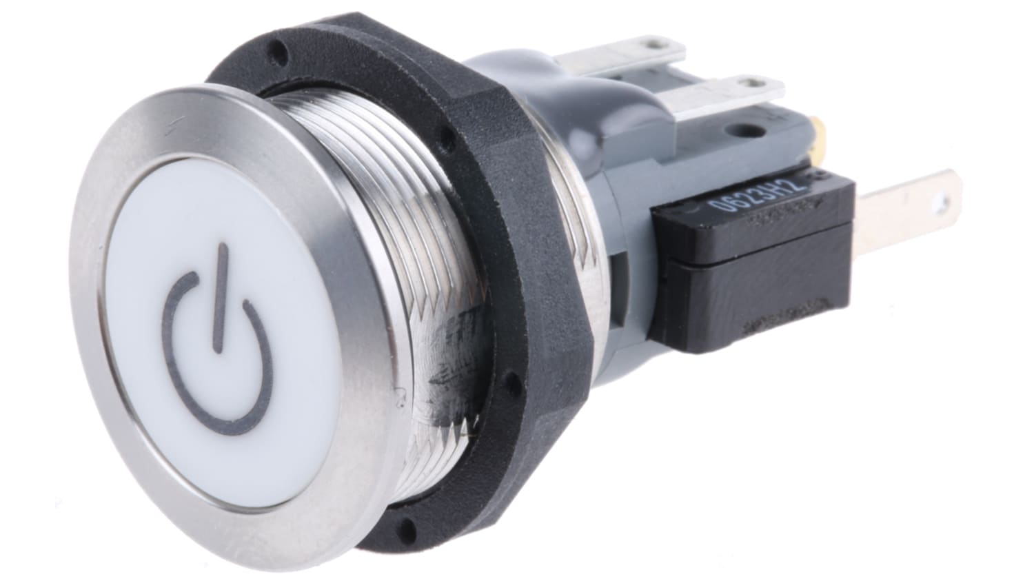3-120-091, MSM CS 19mm, Pushbutton Switch Metal with Blue Illumination and Power Mark, 3Amp @ 250VAC, 30VDC, 5-28VDC Illumination Supply, 0.2 Million Ops
