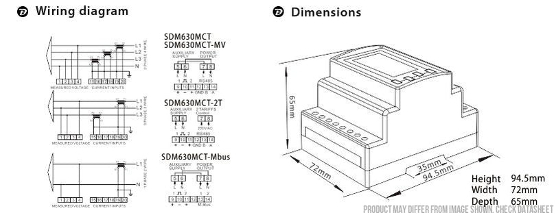 SDM630MCT-MODBUS-MID-CL0.5 V2, DIN Rail Mount kWh Meter, 3 Phase, 240VAC aux, Class 0.5S, 1/5Amp Connect, w/ 2 x pulse outputs and RS485 Modbus RTU Comms, MID Approved