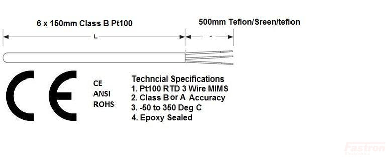 FRTD-6-250-500 (ST5898), RTD Pt100 Class B, 150mm x 6mm Probe with 500mm of 3 wire cable, -50 to 350 Deg C-Temperature Sensor-Fastron Electronics-Fastron Electronics Store