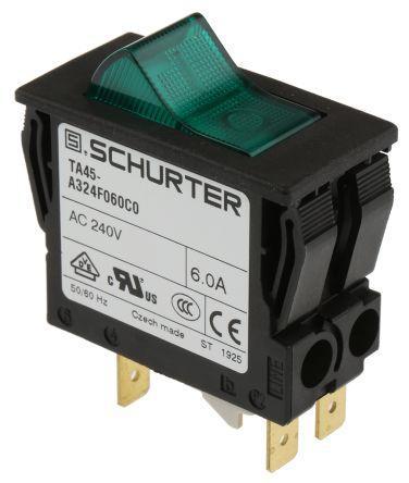 4430.2031 TA45-A624F140C0-AZM10, 2 Pole Rocker Switch, Non Latched, 14 AMP, 240VAC, 1 Pole Thermal Overload Protection, Screw Connection, Embossed Green Transparent Illumination, Collar with Cover Narrow IP54