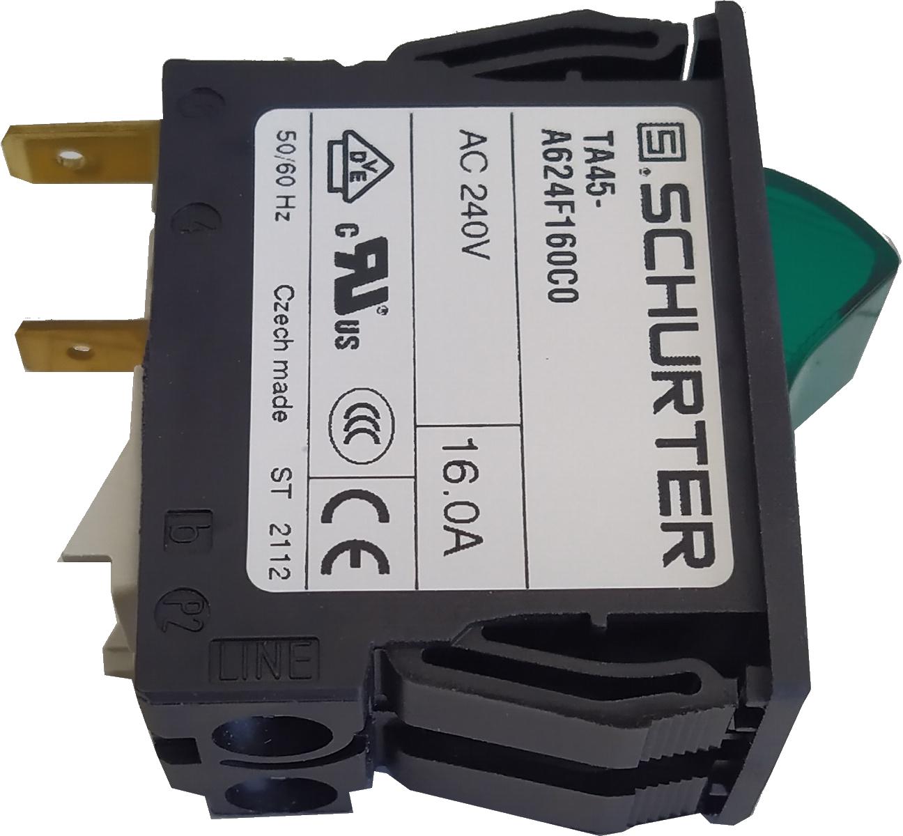 4430.2031 TA45-A624F140C0-AZM10, 2 Pole Rocker Switch, Non Latched, 14 AMP, 240VAC, 1 Pole Thermal Overload Protection, Screw Connection, Embossed Green Transparent Illumination, Collar with Cover Narrow IP54